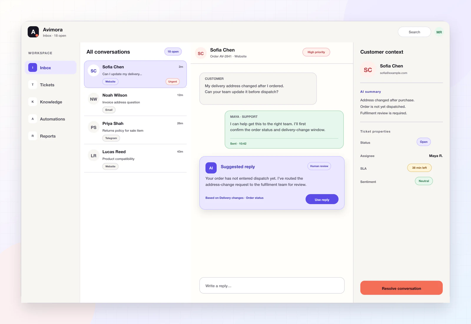 Avimora agent workspace with queue, conversation, AI suggestion, ticket properties and customer context