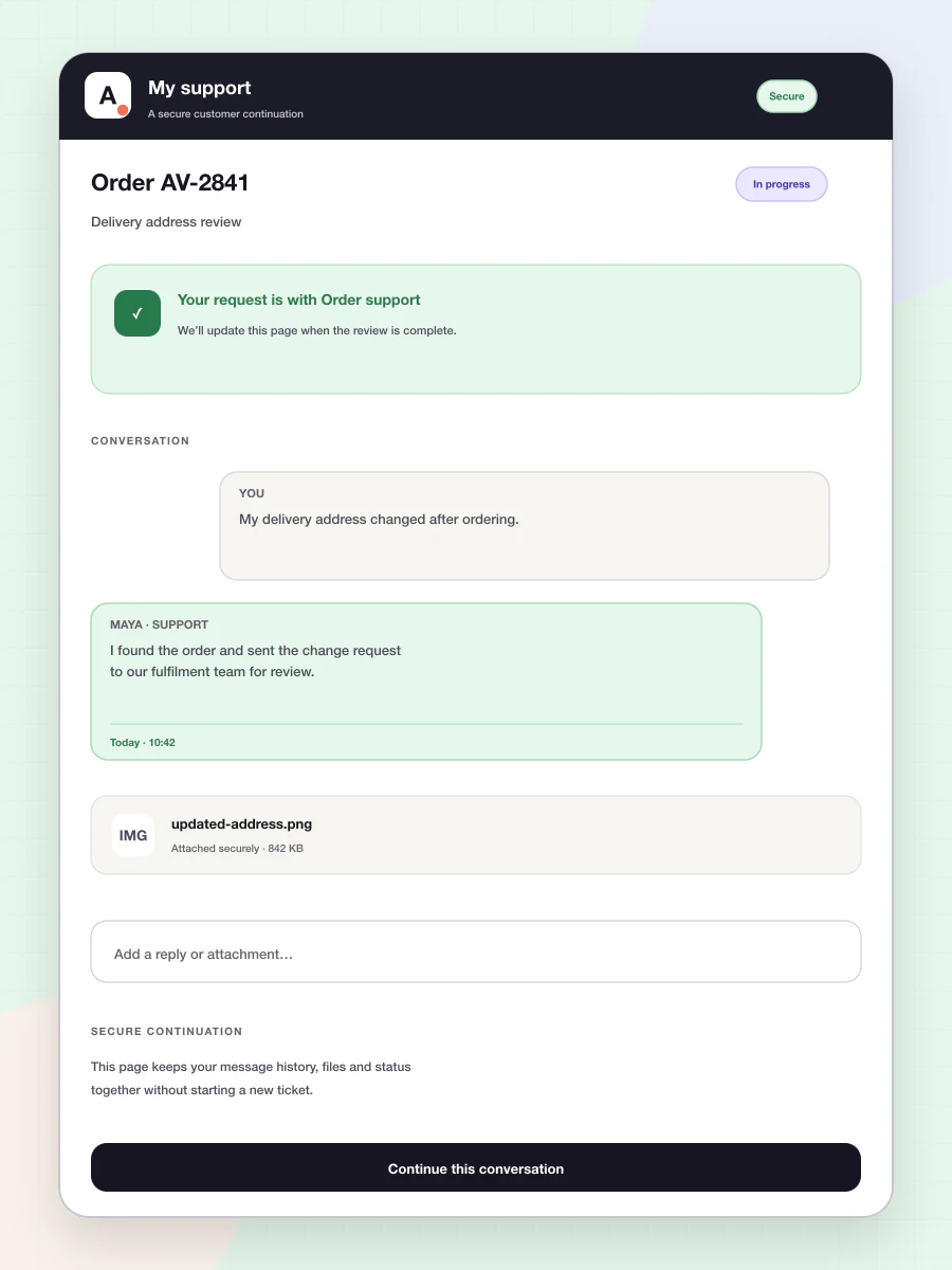 Secure Avimora customer portal with conversation status, messages, files and continuation controls