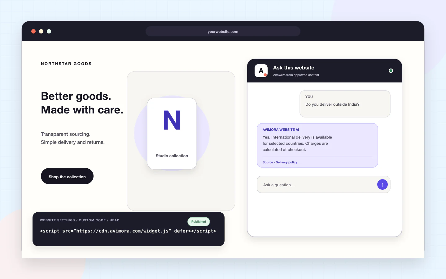 Avimora AI Website installed on an existing website with the deferred script inside the head tag