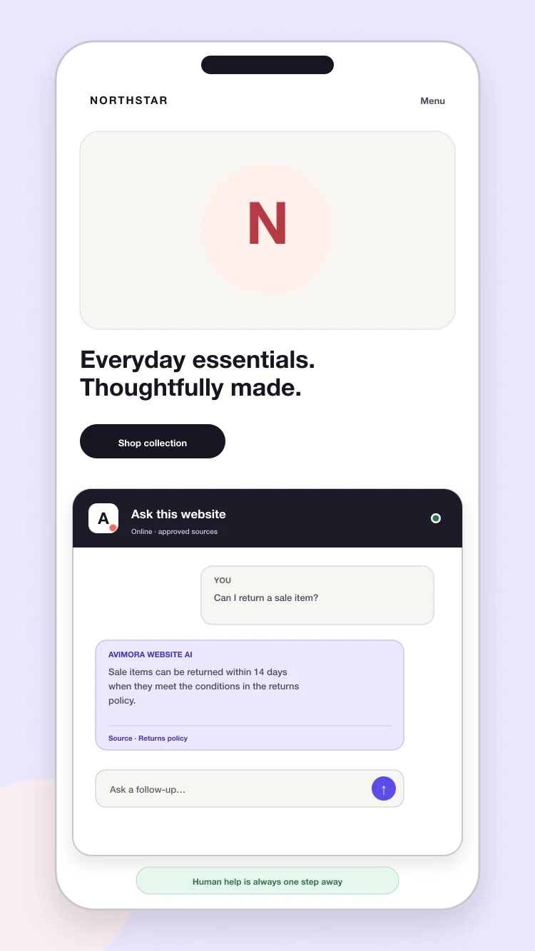 Visitor receiving a cited answer and clear human handoff in Avimora AI Website on mobile